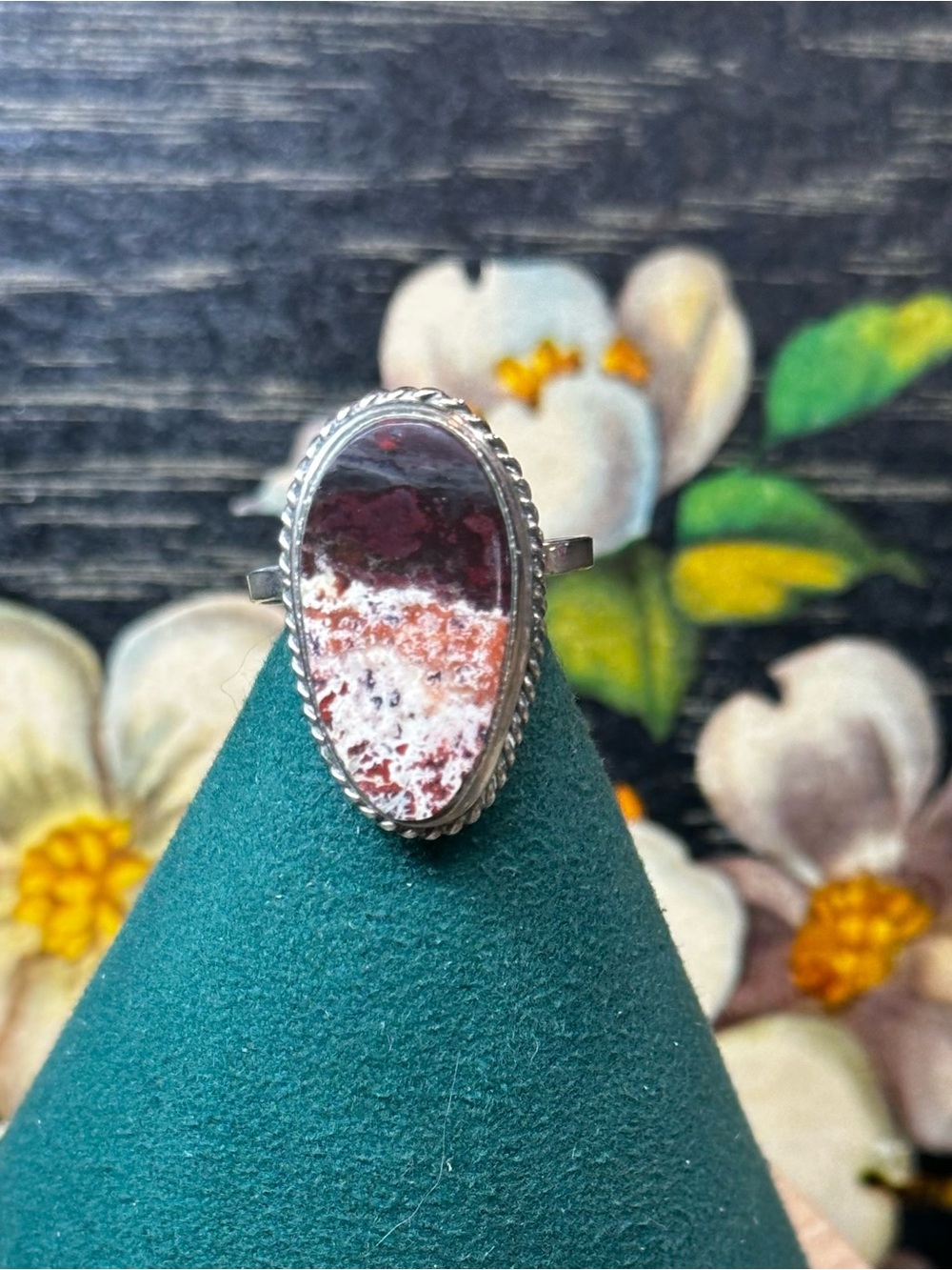 Silver-tone Picture Jasper Red and White Oval Statement Ring